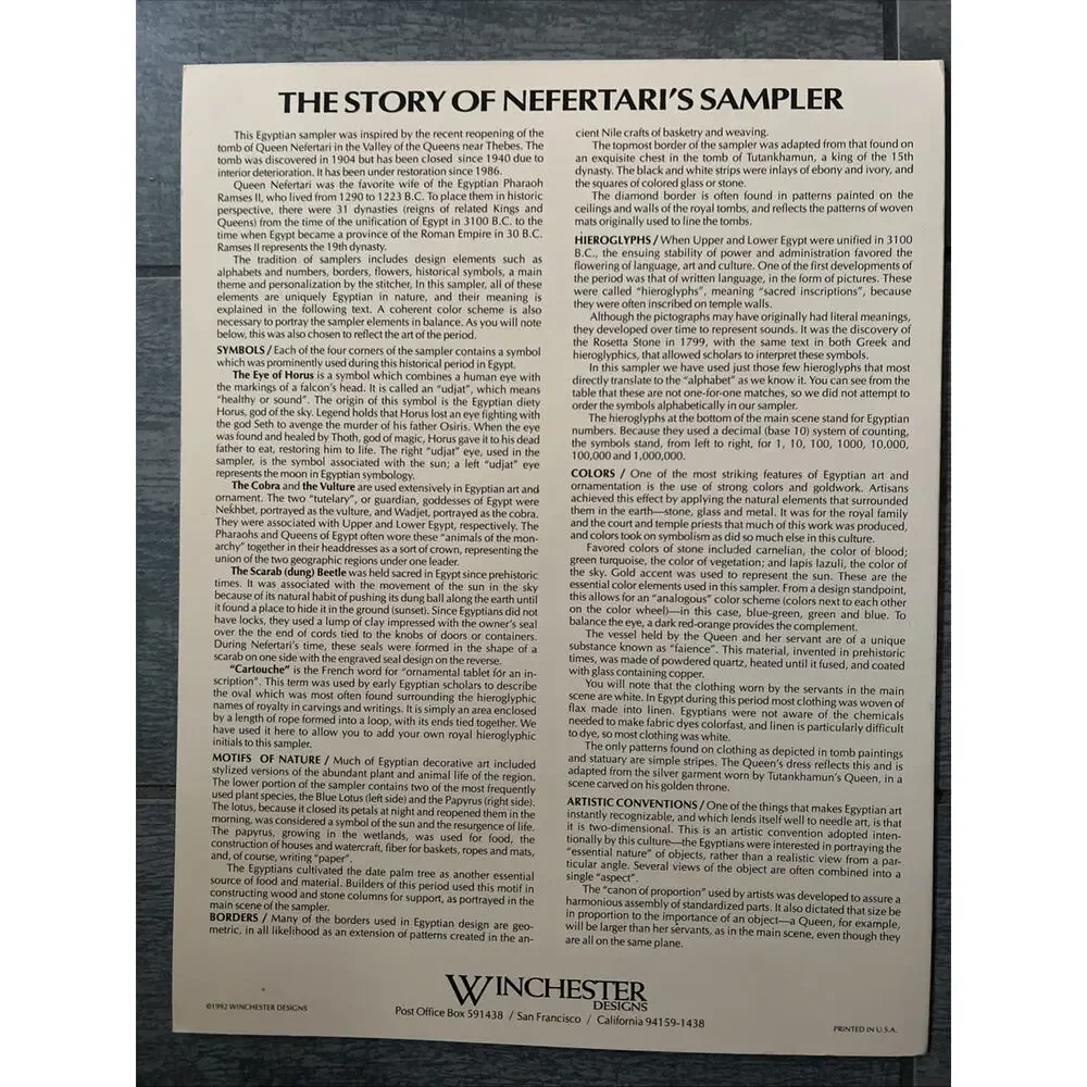 Rare 1992 Winchester Designs Queen Nefertari Sampler Counted Cross Stitch Chart